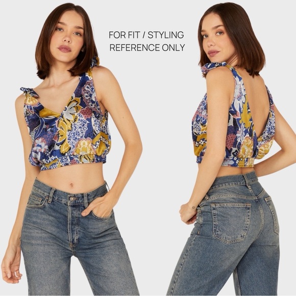 Free People Crop Top Large Blue Gold Weekend In Montauk Floral Smocked NWT - Picture 2 of 14